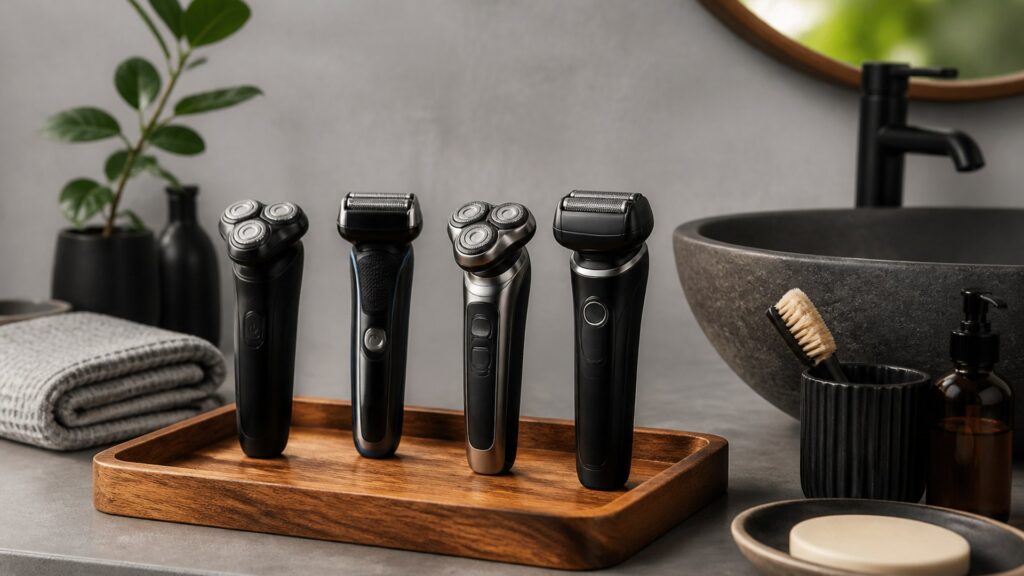 Unbranded editorial arrangement illustrating How to Choose Electric Shavers for At-Home Grooming