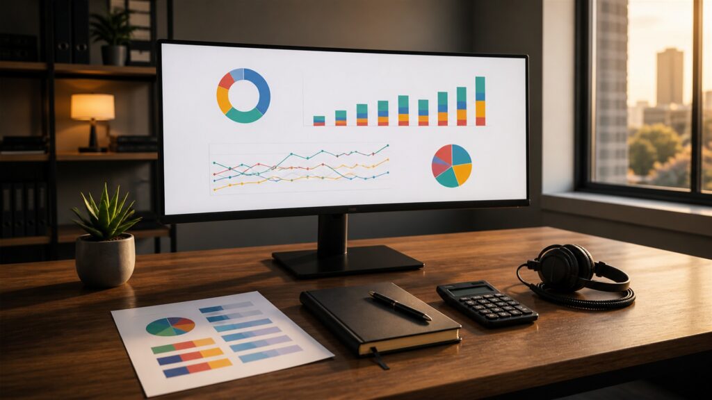 unbranded email marketing workspace with blank campaign dashboard, email preview cards, calendar, headset, and analytics monitor for a campaign reporting buying decision