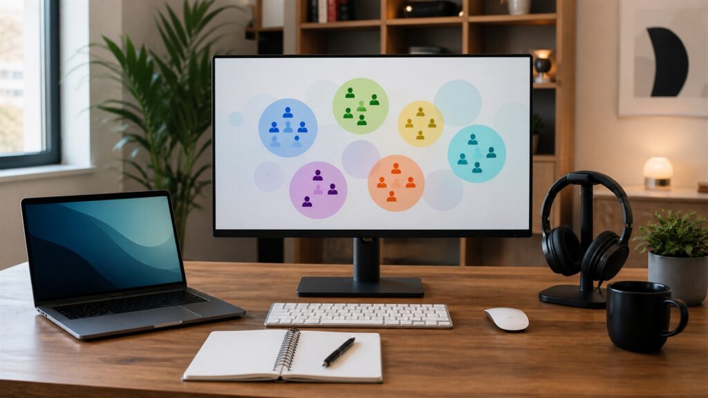 unbranded email marketing workspace with blank campaign dashboard, email preview cards, calendar, headset, and analytics monitor for a customer segmentation buying decision