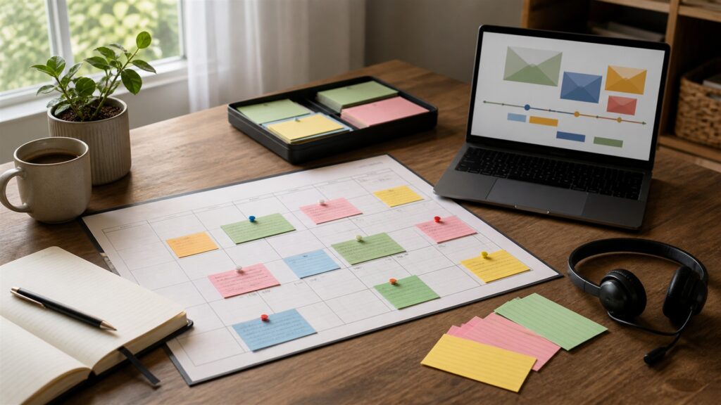 unbranded email marketing workspace with blank campaign dashboard, email preview cards, calendar, headset, and analytics monitor for a email campaigns buying decision