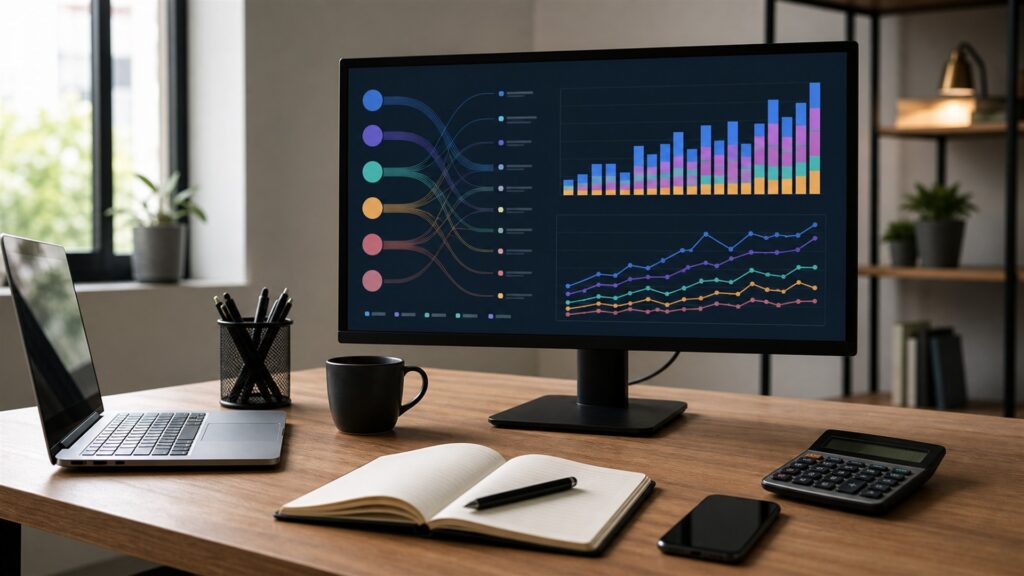 unbranded email marketing workspace with blank campaign dashboard, email preview cards, calendar, headset, and analytics monitor for a revenue tracking buying decision