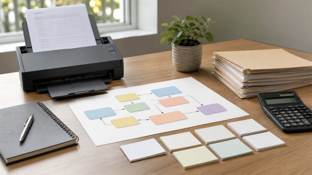 unbranded enterprise finance operations desk with dual blank reporting screens, secure document trays, approval tokens, calculator, and network gateway for a finance workflow automation buying decision