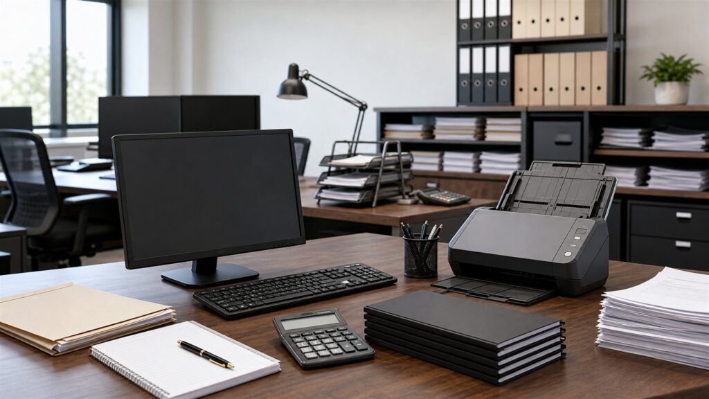 unbranded enterprise finance operations desk with dual blank reporting screens, secure document trays, approval tokens, calculator, and network gateway for a multi-user finance teams buying decision