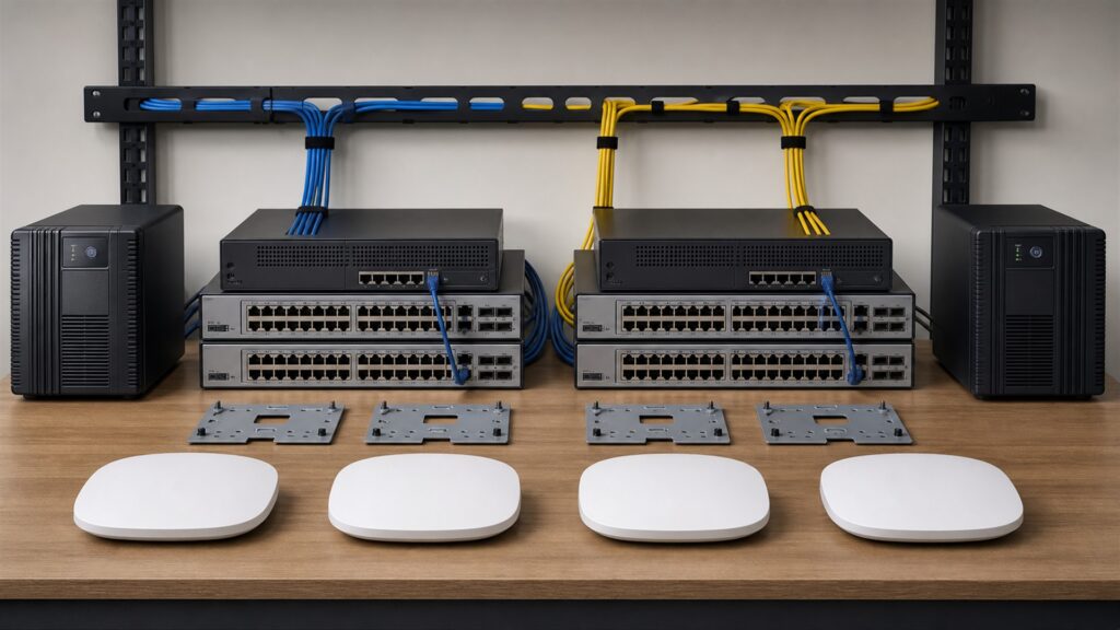 unbranded enterprise wireless access points, network switch, gateway, plain cables, and clean status lights in a modern office for a business continuity buying decision