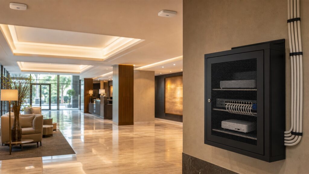 unbranded enterprise wireless access points, network switch, gateway, plain cables, and clean status lights in a modern office for a guest networks buying decision
