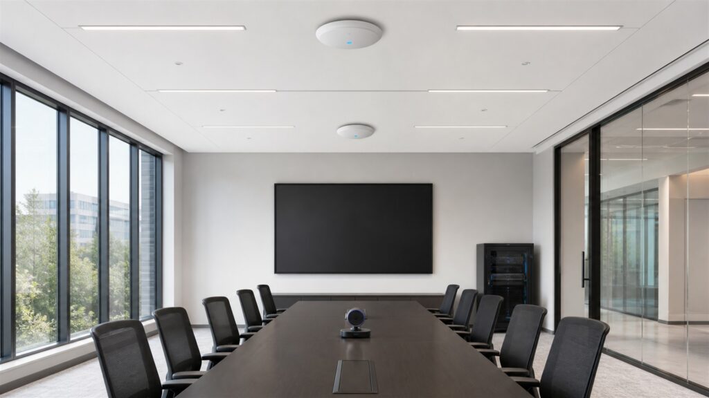 unbranded enterprise wireless access points, network switch, gateway, plain cables, and clean status lights in a modern office for a hybrid teams buying decision