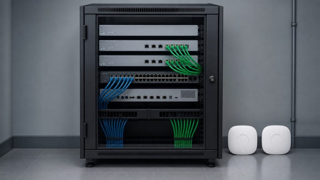 unbranded enterprise wireless access points, network switch, gateway, plain cables, and clean status lights in a modern office for a security controls buying decision