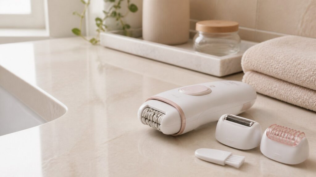 Unbranded epilator with attachments and cleaning brush on a bright home bathroom vanity