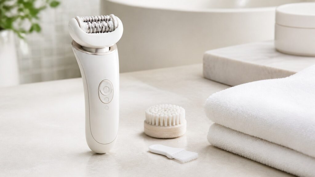Premium unbranded wet dry epilator with exfoliation and cleaning brushes on a pale bathroom surface