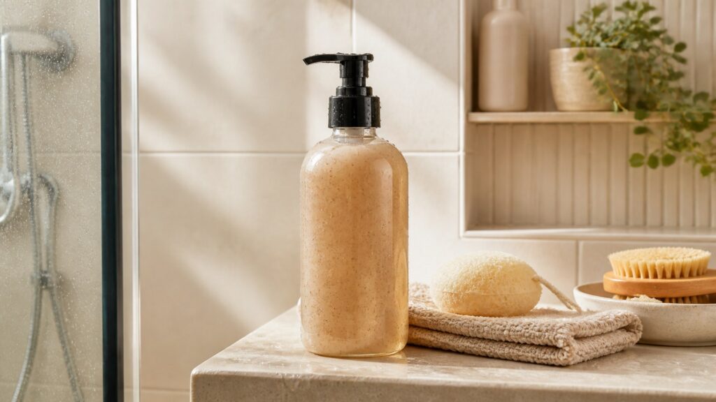 Unbranded exfoliating body wash arranged for a body cleansers routine building buying guide