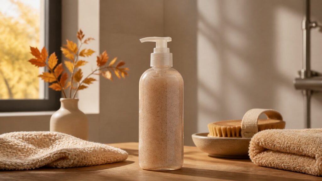 Unbranded exfoliating body wash arranged for a seasonal body care buying guide
