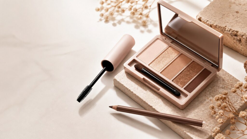 Unbranded editorial arrangement illustrating How to Choose Eye Makeup for Beginner Routines