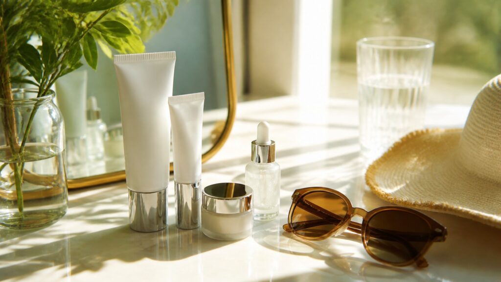 Unbranded eye treatments arranged for a sun protection buying guide