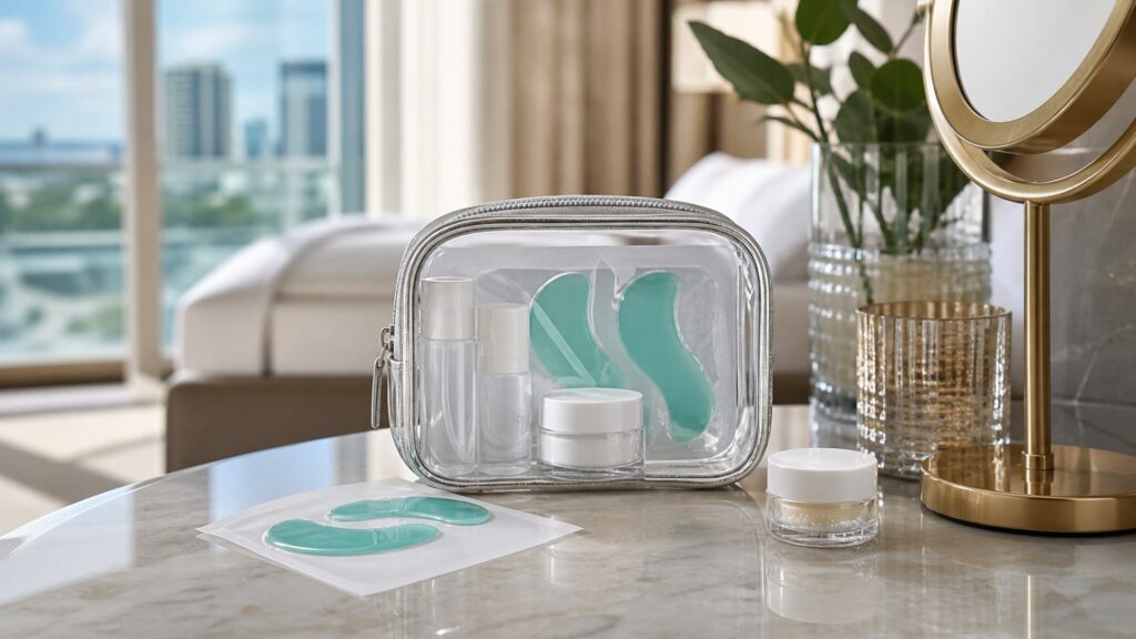 Unbranded eye treatments arranged for a travel skincare buying guide