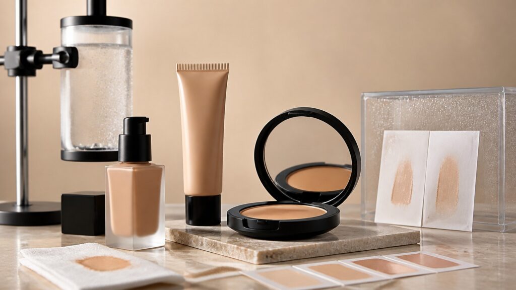 Unbranded editorial arrangement illustrating How to Choose Face Makeup for Long-Wear Looks