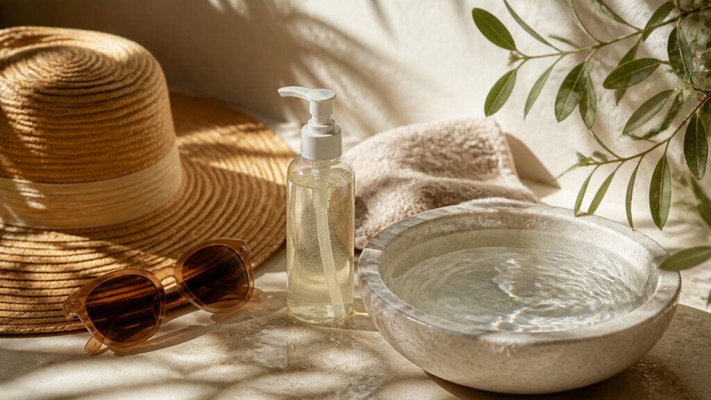 Unbranded facial cleansers arranged for a sun protection buying guide
