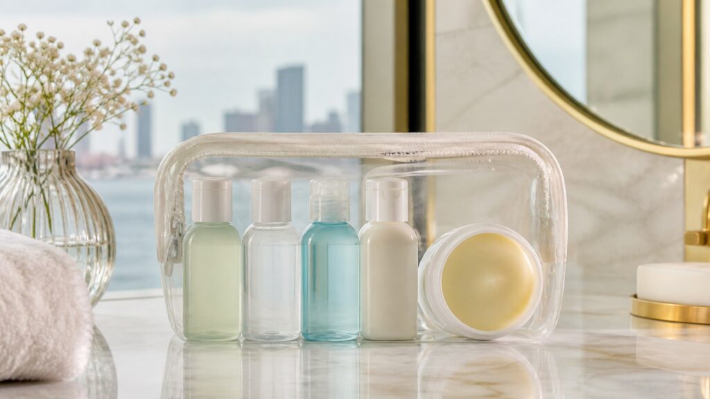 Unbranded facial cleansers arranged for a travel skincare buying guide