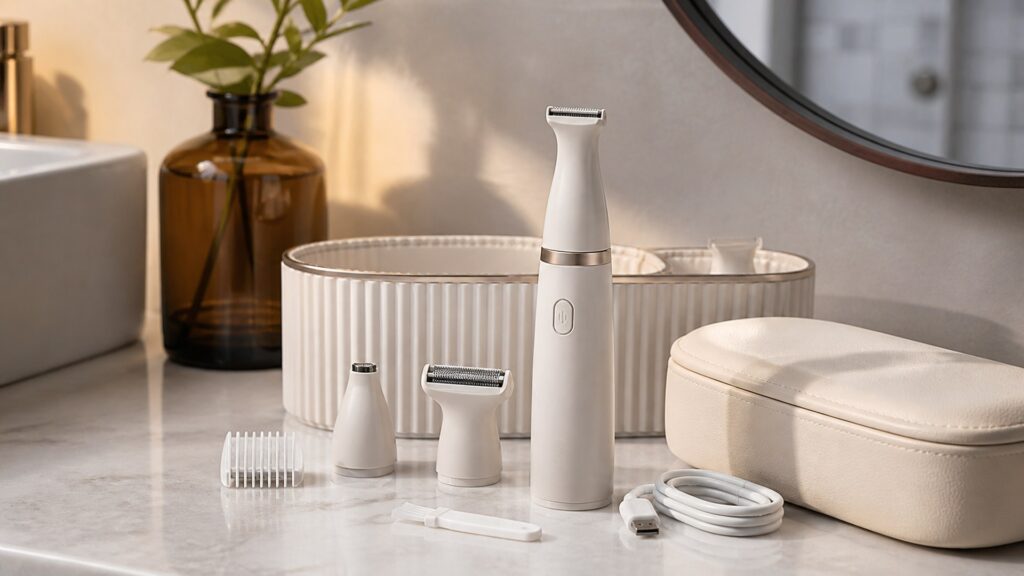 Unbranded facial hair removal devices arranged for a charging, cleaning, and storage buying guide