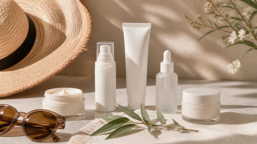 Unbranded facial moisturizers arranged for a sun protection buying guide