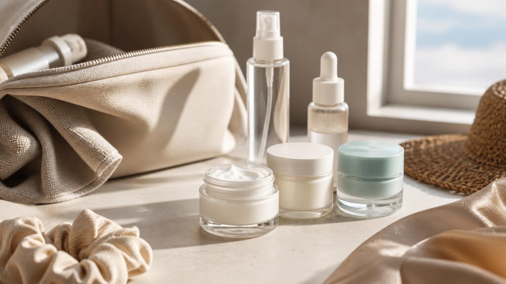 Unbranded facial moisturizers arranged for a travel skincare buying guide