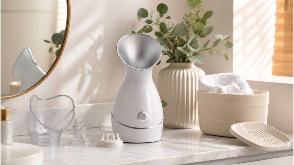 Unbranded facial steamers arranged for a charging, cleaning, and storage buying guide