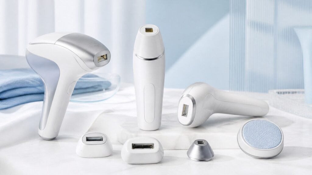 Unbranded editorial arrangement for facial treatment devices for hair-removal goals