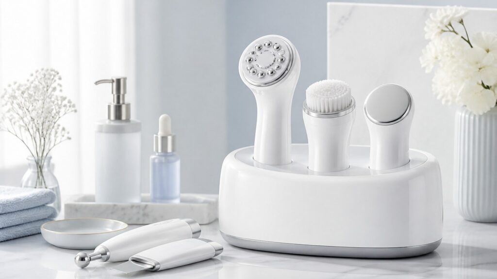 Unbranded editorial arrangement for facial treatment devices for salon-alternative use