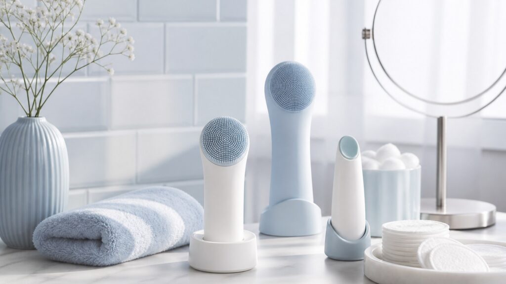 Unbranded editorial arrangement for facial treatment devices for sensitive-skin use
