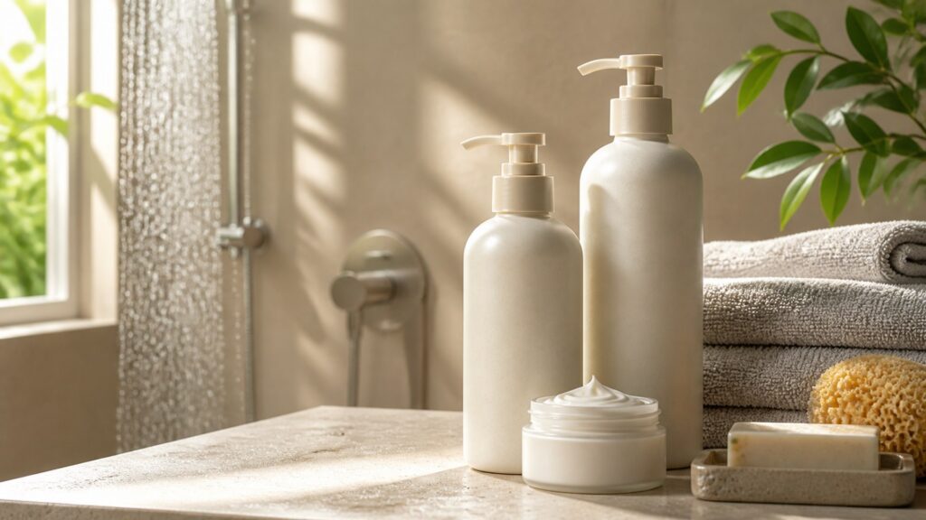 Unbranded firming body creams arranged for a shower and after-bath routines buying guide
