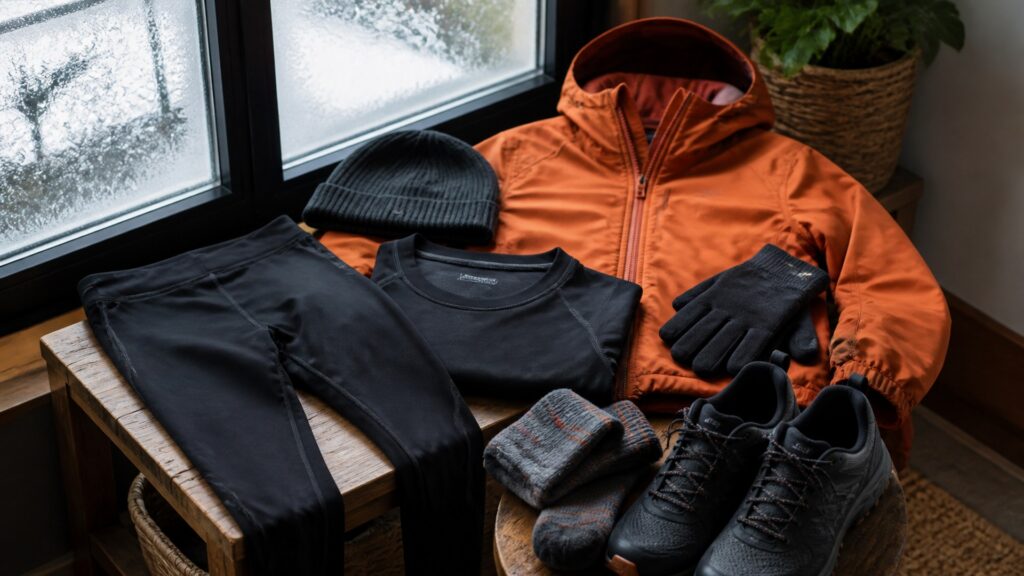 fitness apparel for cold weather training arranged in a practical buyer guide scene