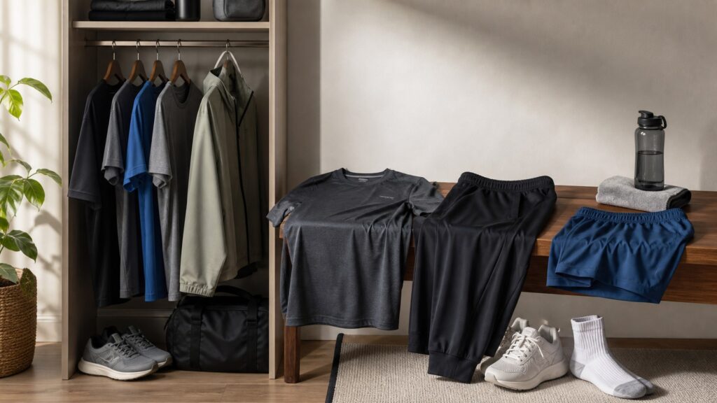 fitness apparel for everyday fitness arranged in a practical buyer guide scene