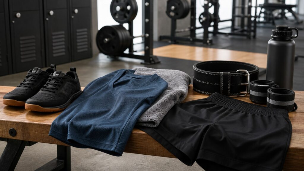 fitness apparel for weight training arranged in a practical buyer guide scene