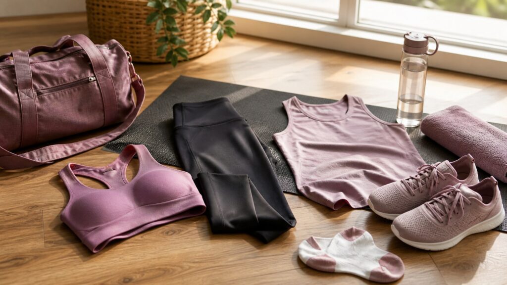 fitness apparel for women arranged in a practical buyer guide scene