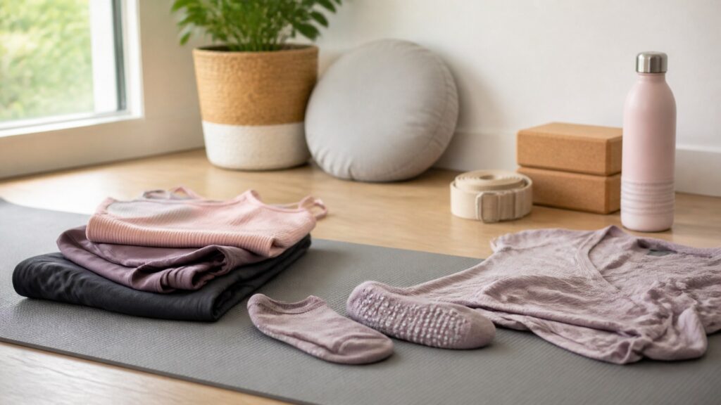fitness apparel for yoga arranged in a practical buyer guide scene