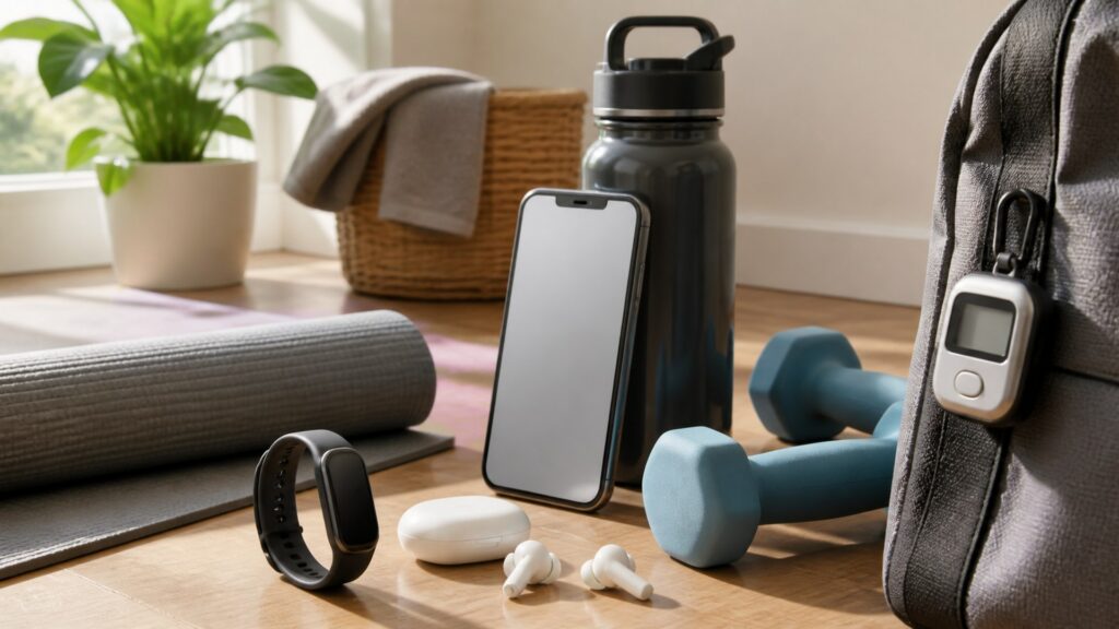 fitness technology for daily fitness arranged in a practical buyer guide scene