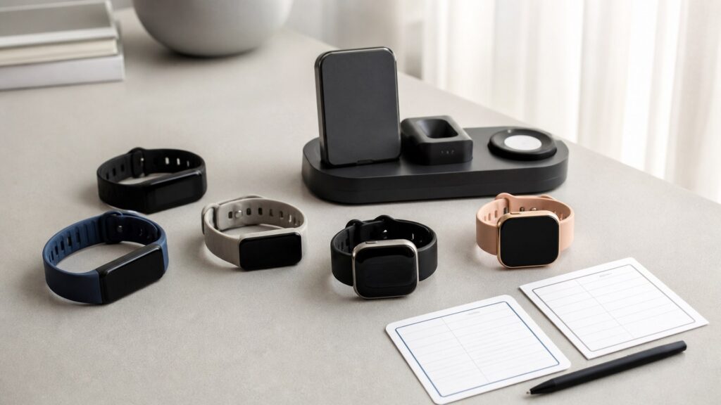 Unbranded fitness tracking devices products arranged for a careful buying comparison
