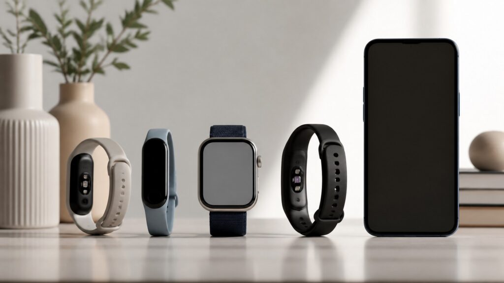 Unbranded fitness tracking devices products arranged for a careful buying comparison