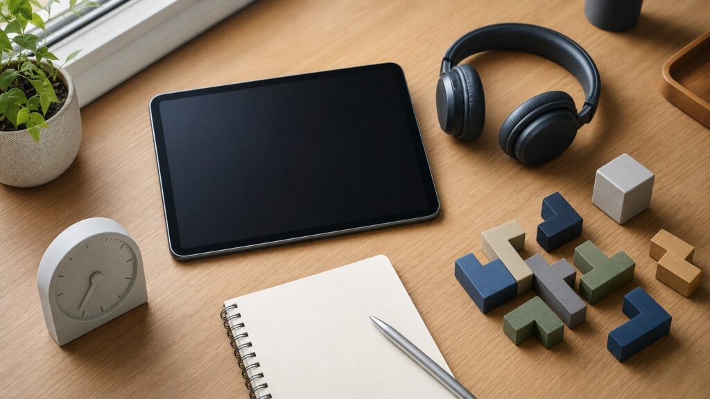 generic focus and cognitive tools with headphones, timer, tactile fidget object, blank notebook, and desk accessories