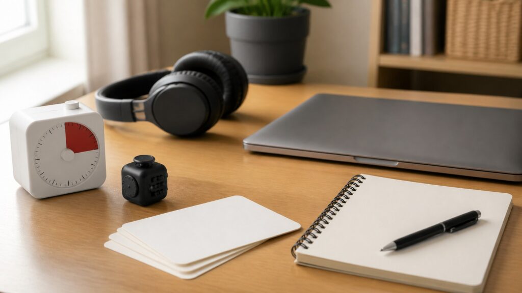 generic focus and cognitive tools with headphones, timer, tactile fidget object, blank notebook, and desk accessories