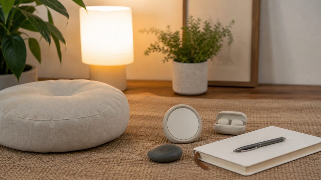 generic focus and cognitive tools with headphones, timer, tactile fidget object, blank notebook, and desk accessories