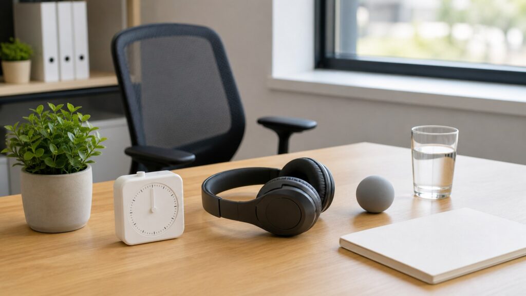 generic focus and cognitive tools with headphones, timer, tactile fidget object, blank notebook, and desk accessories