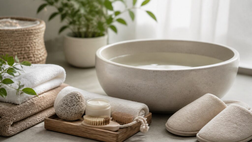 Unbranded editorial scene illustrating foot care for at-home spa days