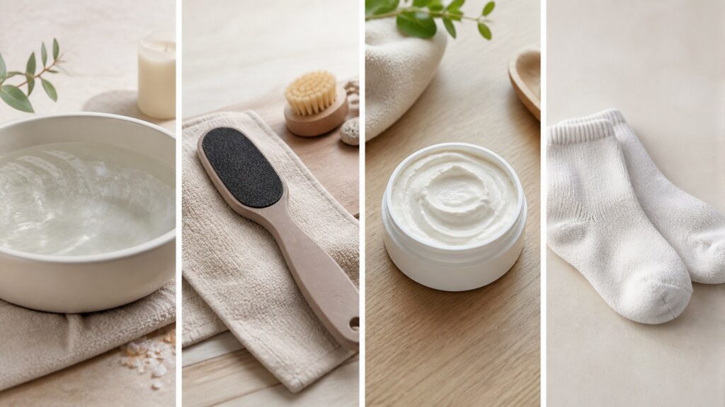 Unbranded editorial scene illustrating foot care for a coordinated body-care routine