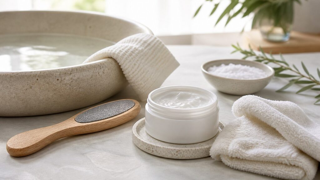 Unbranded editorial scene illustrating foot care for sensitive skin