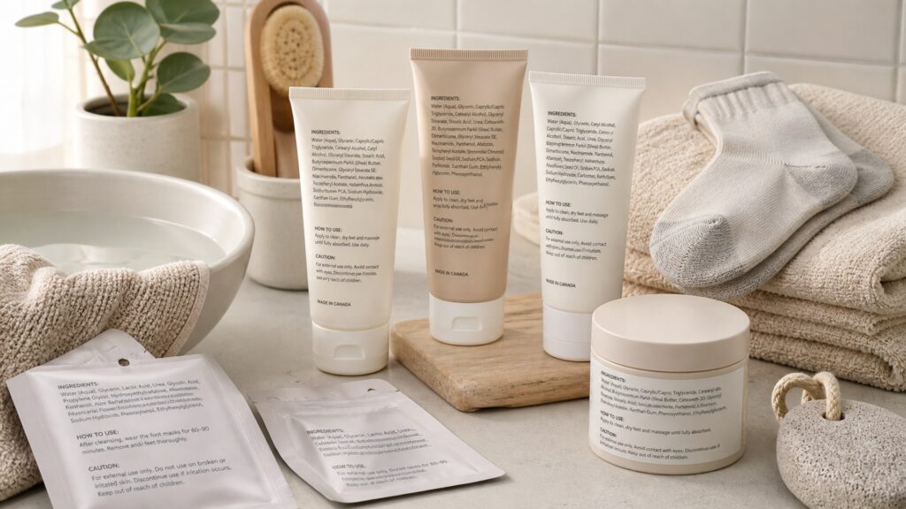 Unbranded foot creams arranged for a ingredient label reviews buying guide