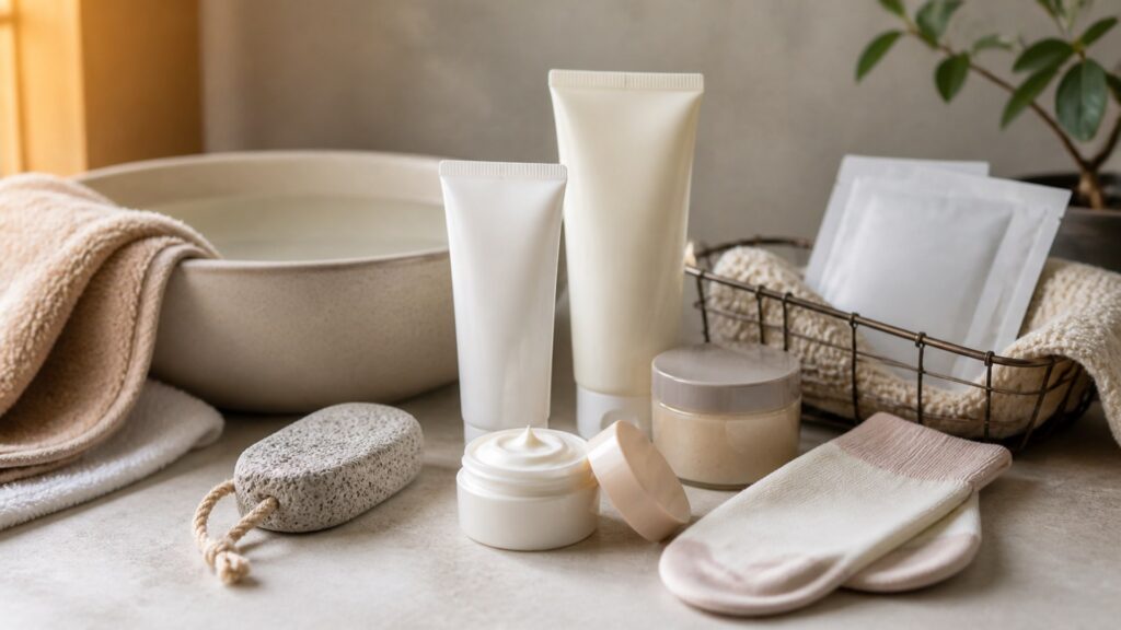 Unbranded foot creams arranged for a seasonal body care buying guide