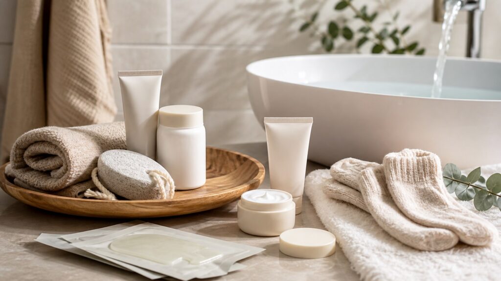 Unbranded foot creams arranged for a shower and after-bath routines buying guide