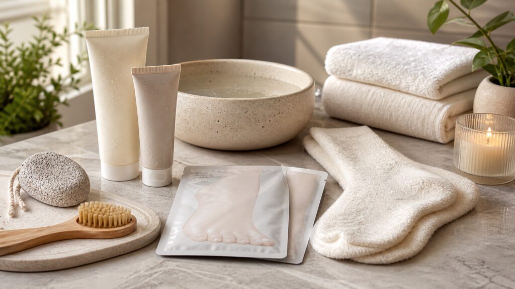 Unbranded foot masks arranged for a seasonal body care buying guide