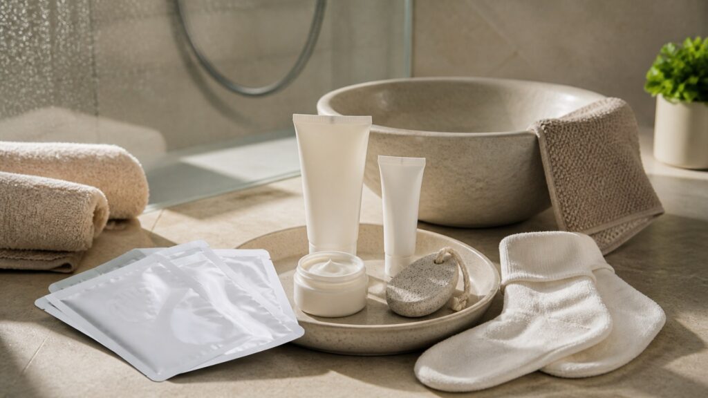 Unbranded foot masks arranged for a shower and after-bath routines buying guide