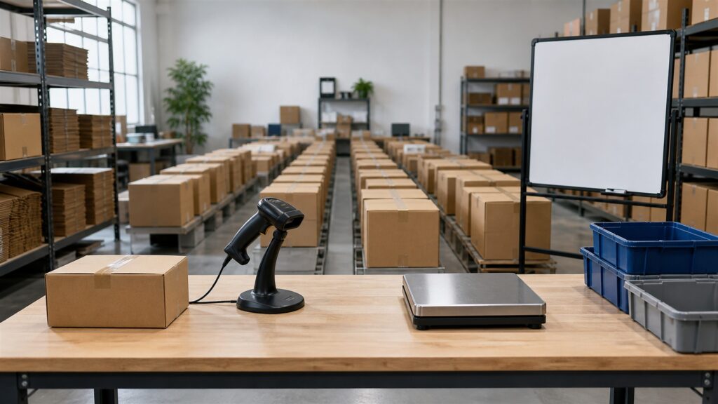 unbranded fulfillment workbench with sealed parcels, barcode scanner, shipping scale, packing materials, inventory bins, and blank order tablet for a growing order volume buying decision